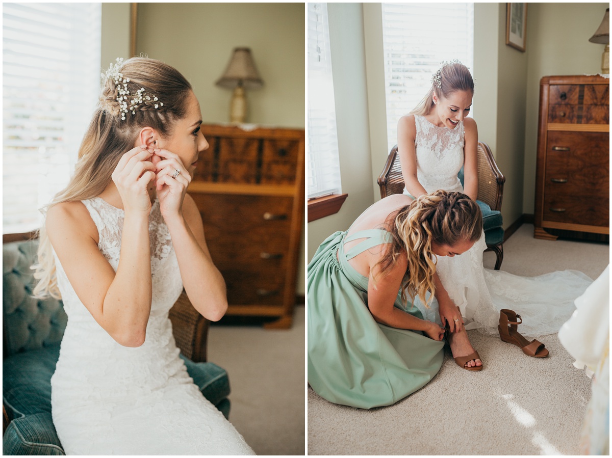 bride fixing earring and shoes | glenwood treefarm tacoma washington photographer