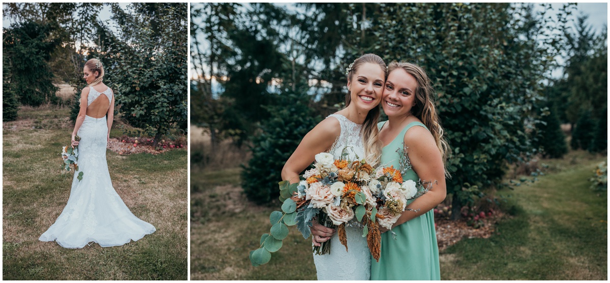 bride poses with maid of honor | glenwood treefarm tacoma washington photographer