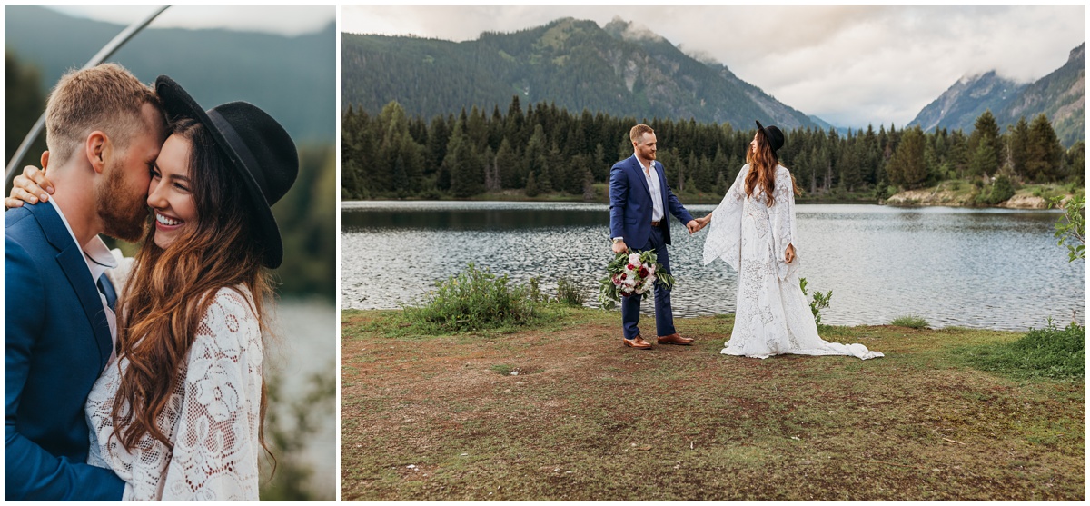 bride and groom holding hands and touching | Gold Creek Pond Washington Elopement Photographer