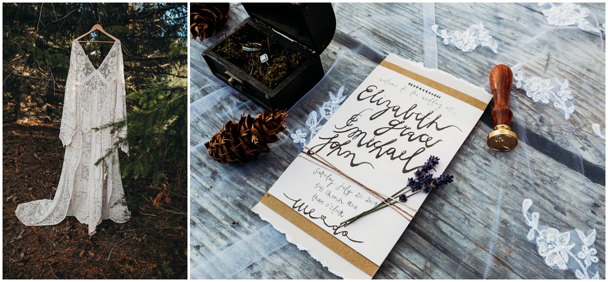 reclamation dress and calligraphy wedding invitation | Gold Creek Pond Washington Elopement Photographer
