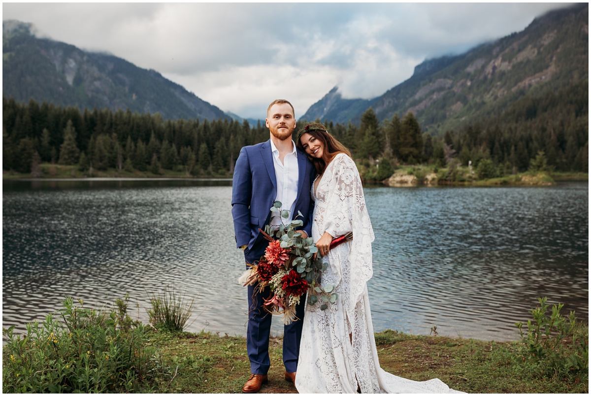 portrait of bride laying head on groom | Gold Creek Pond Washington Elopement Photographer