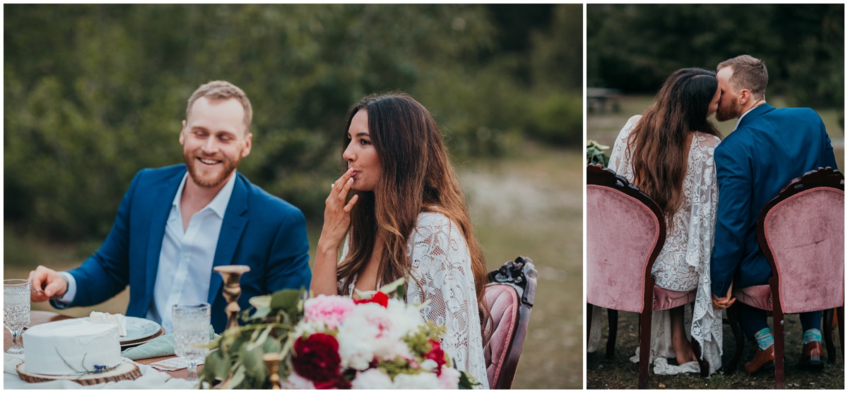 bride and groom eating at table | Gold Creek Pond Washington Elopement Photographer