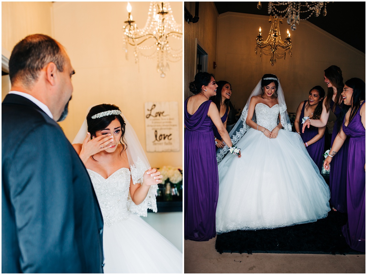 first look with father of the bride and brides maids helping get ready | Hidden Meadows Wedding Snohomish Washington