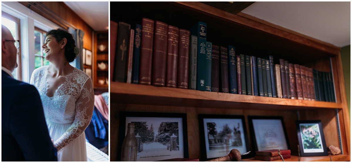 bride and groom in library of home