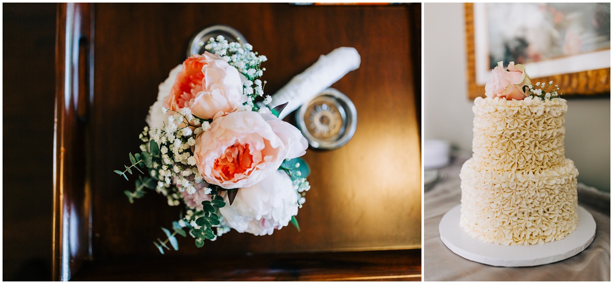 detail photo of cake and bouquet