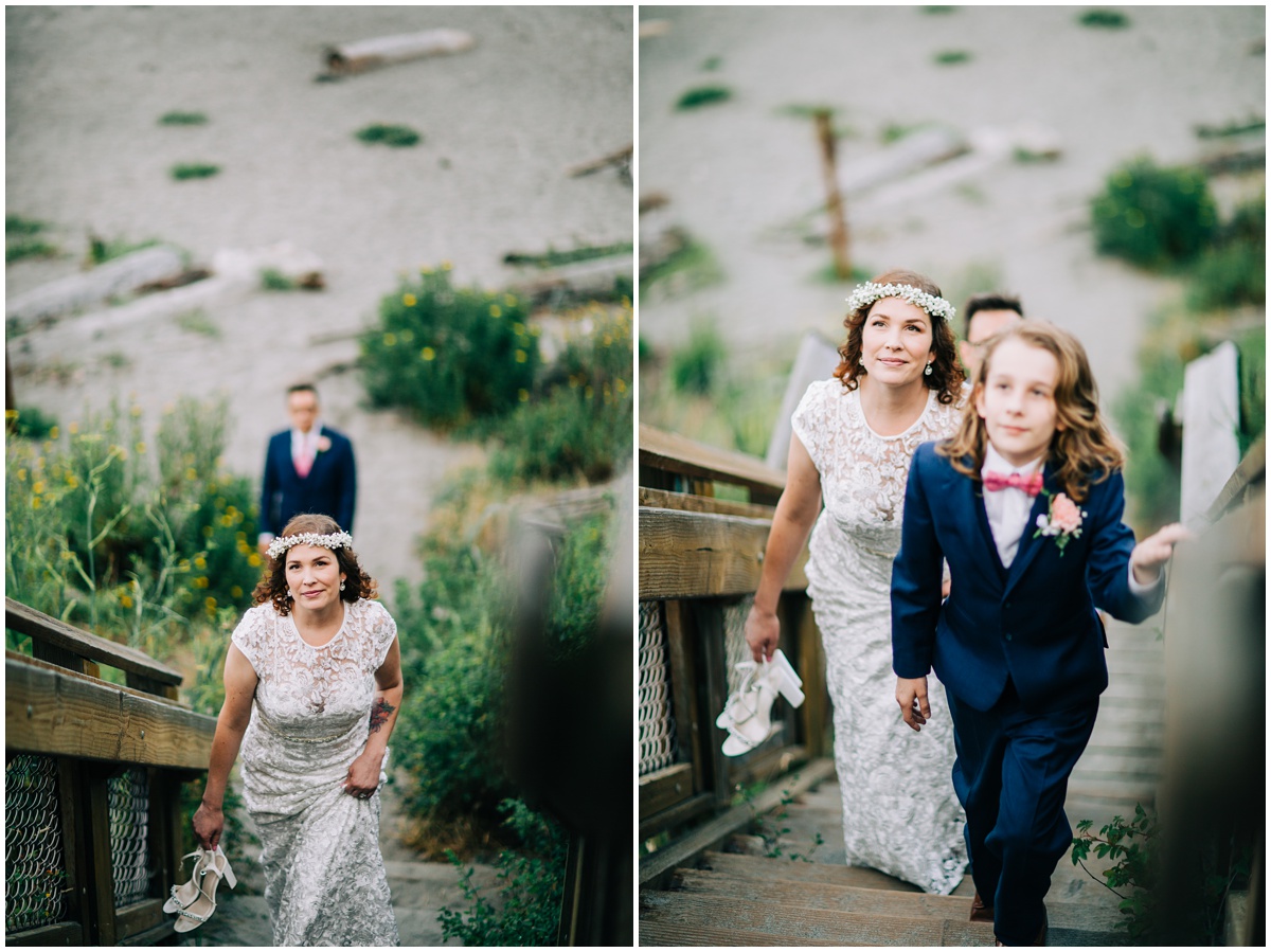 bride groom and son walking up stairs