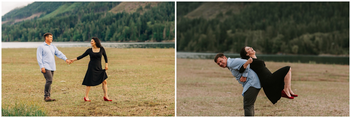 man and woman having fun by lake