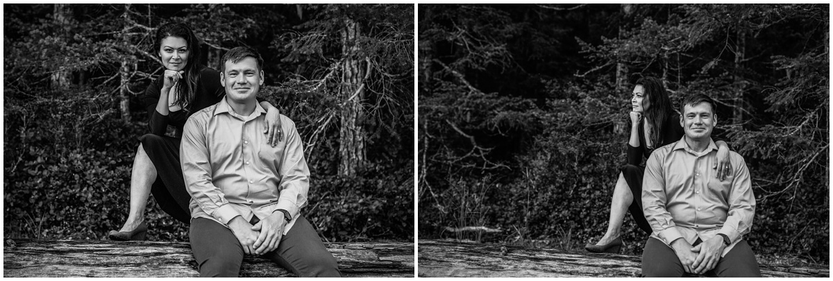 man sitting on log woman with foot on log