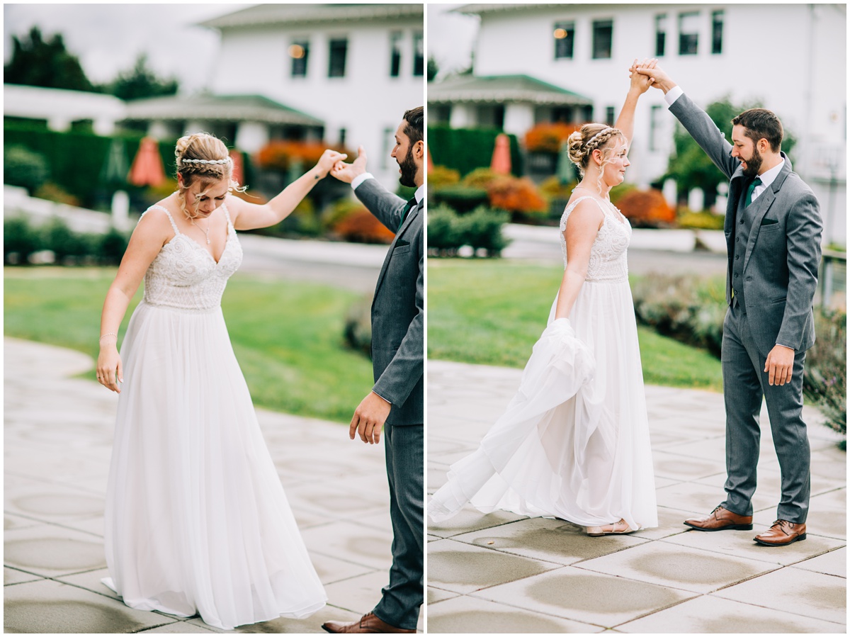 groom twirling bride