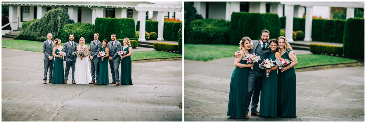 wedding party pose in front of house