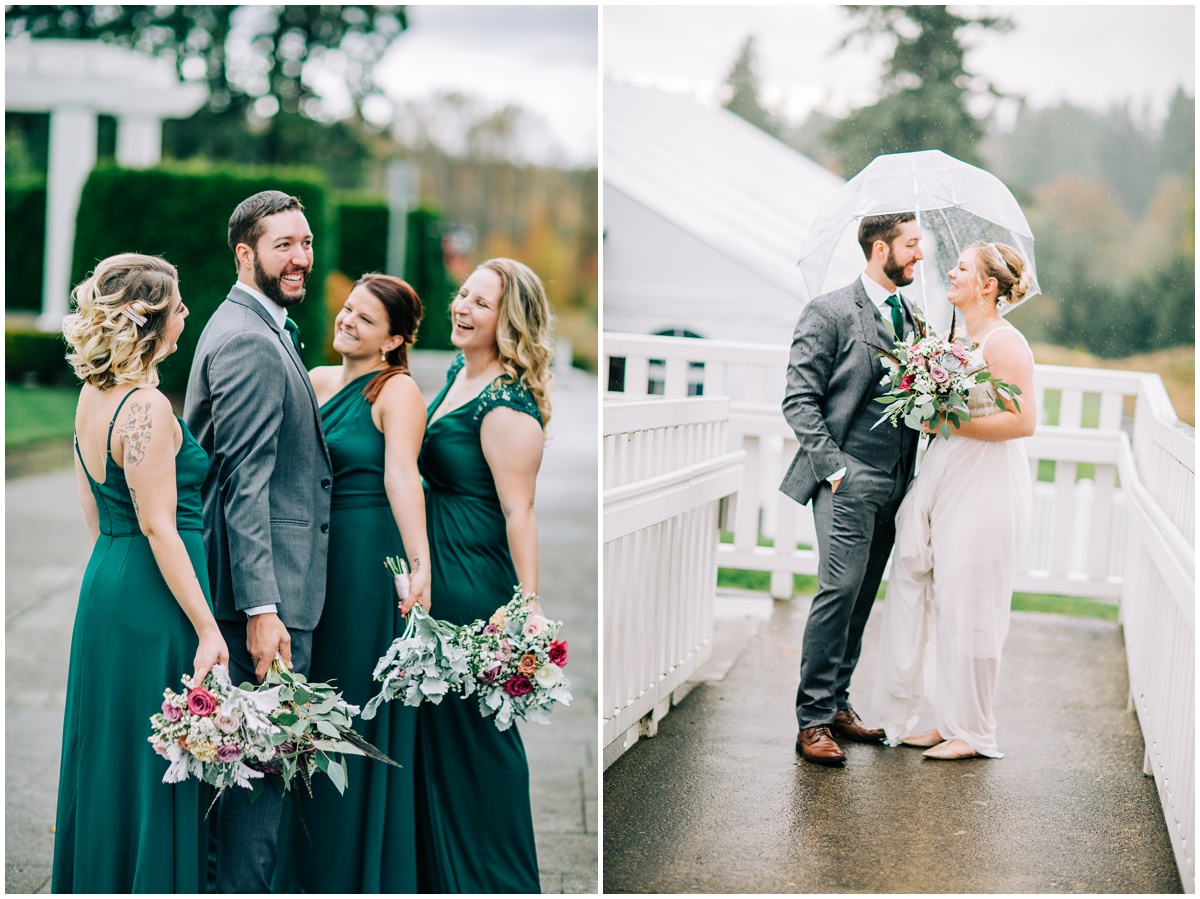 bride and groom with umbrella and bridesmaids
