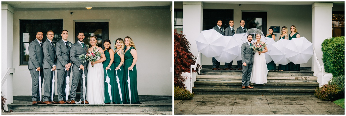 wedding party pose on porch during rain