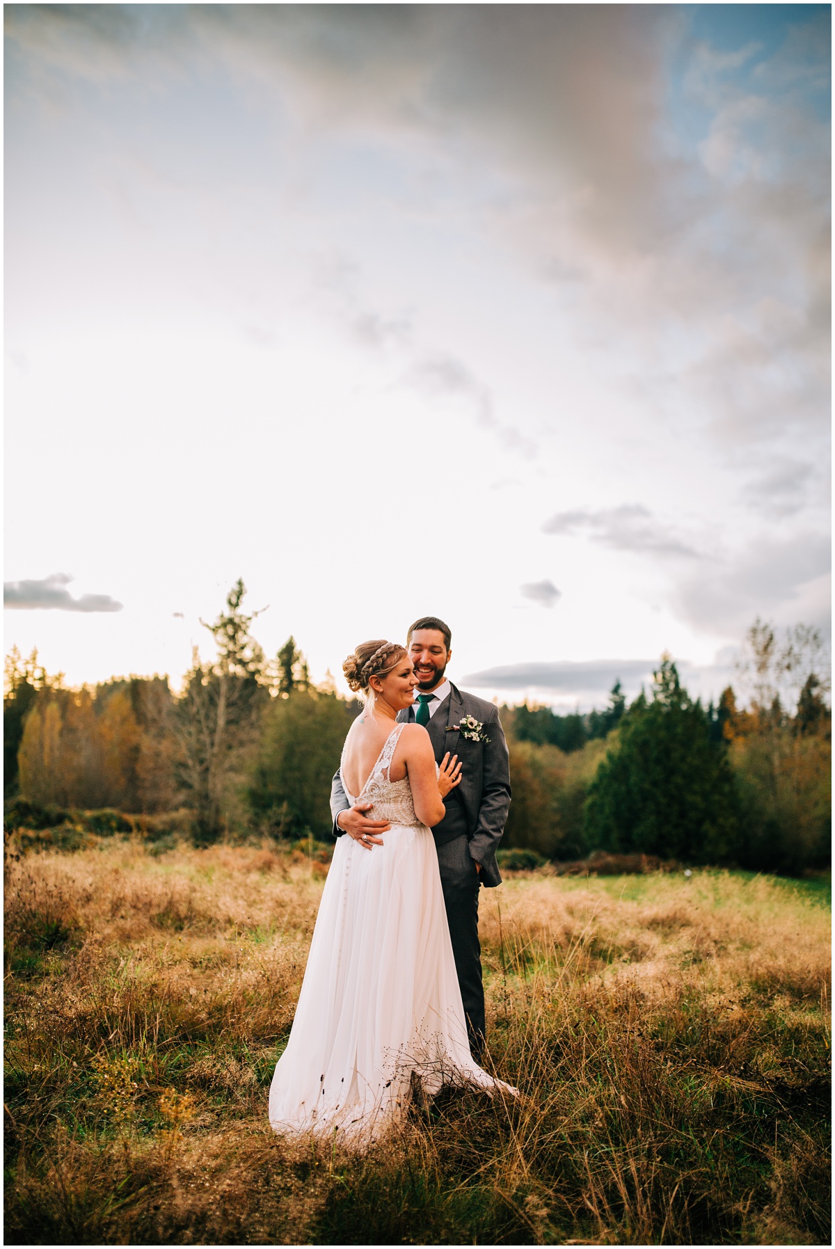 bride and groom sunset portrait