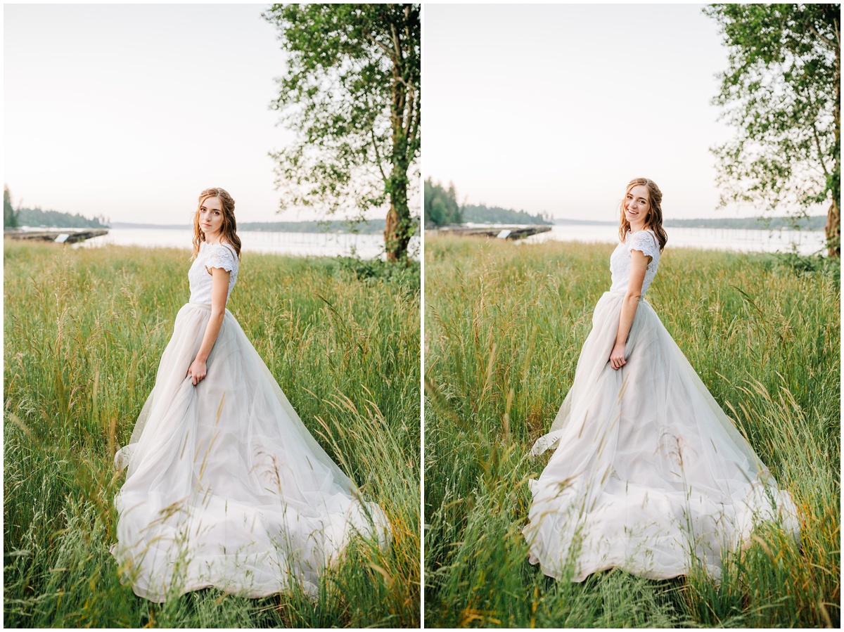 bride looks back at camera with long dress