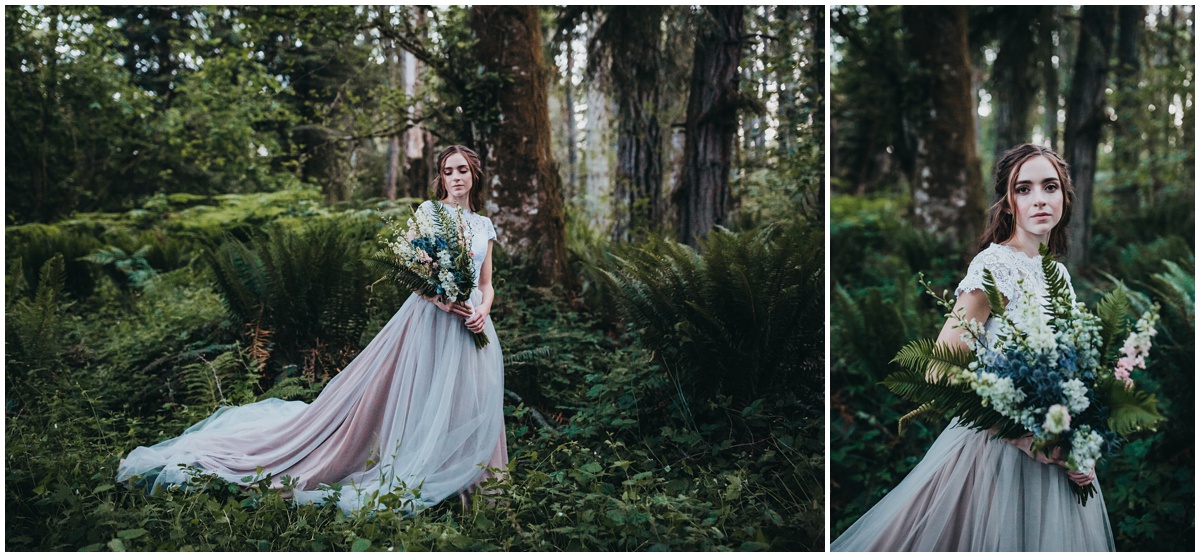bride looks at camera while in rain forest