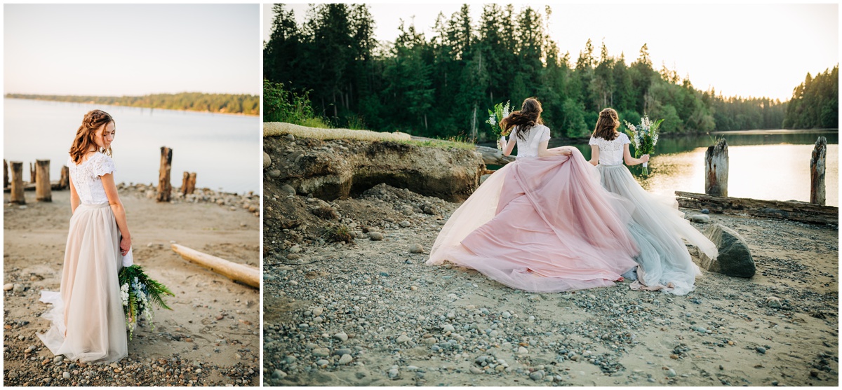 brides running down beach