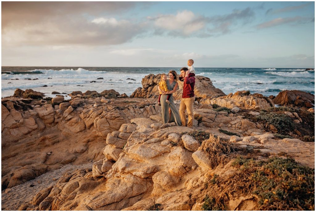 view of beach with family posing at asilomar beach