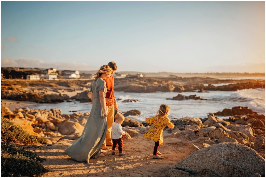 family at asilomar beach at sunset