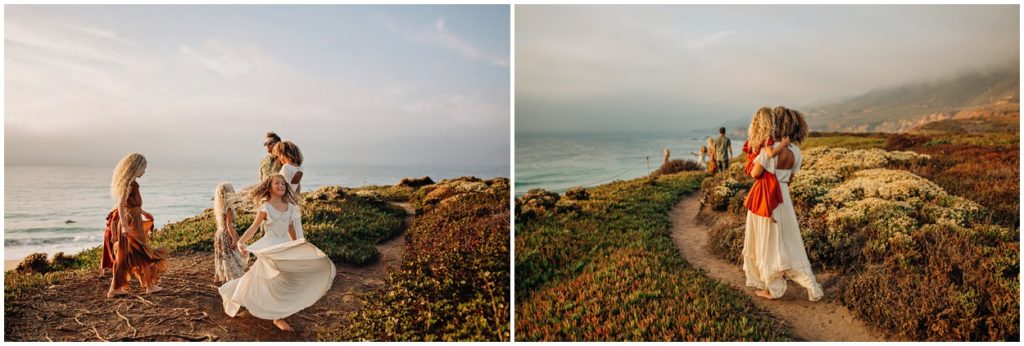 Flowy dresses at sunset family session in garapata beach