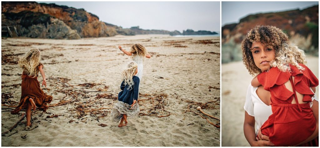 girls playing on beach mom holding child