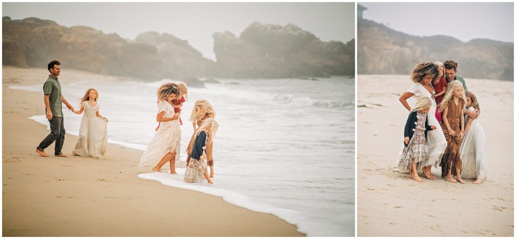 playing in cold northern california ocean during family session