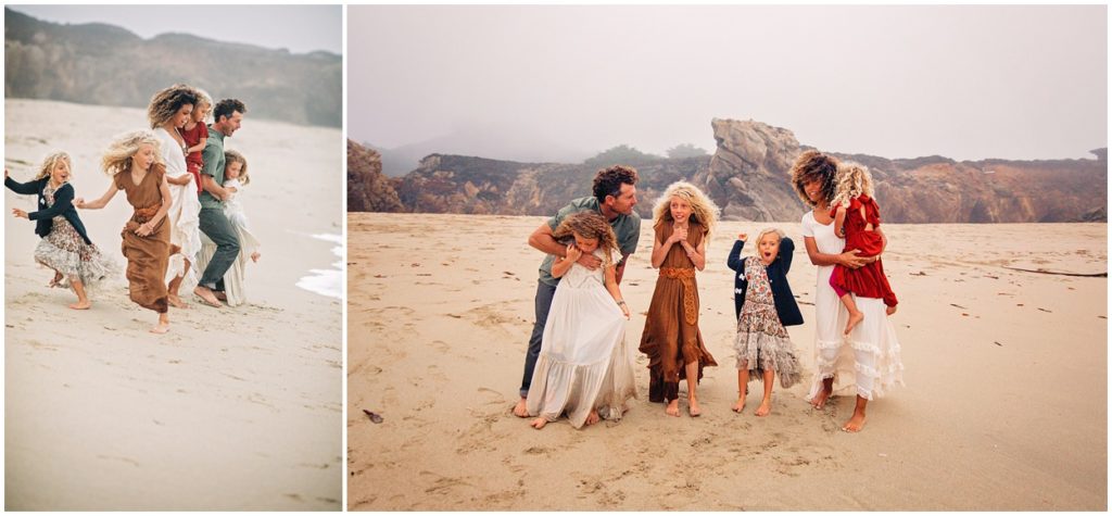 family playing at big sur beach in california