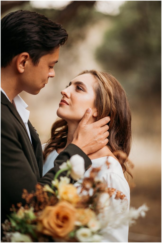 groom caressing brides face