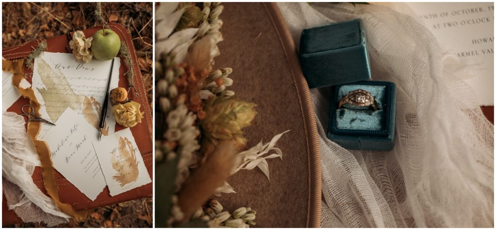 elopement details of ring and hat