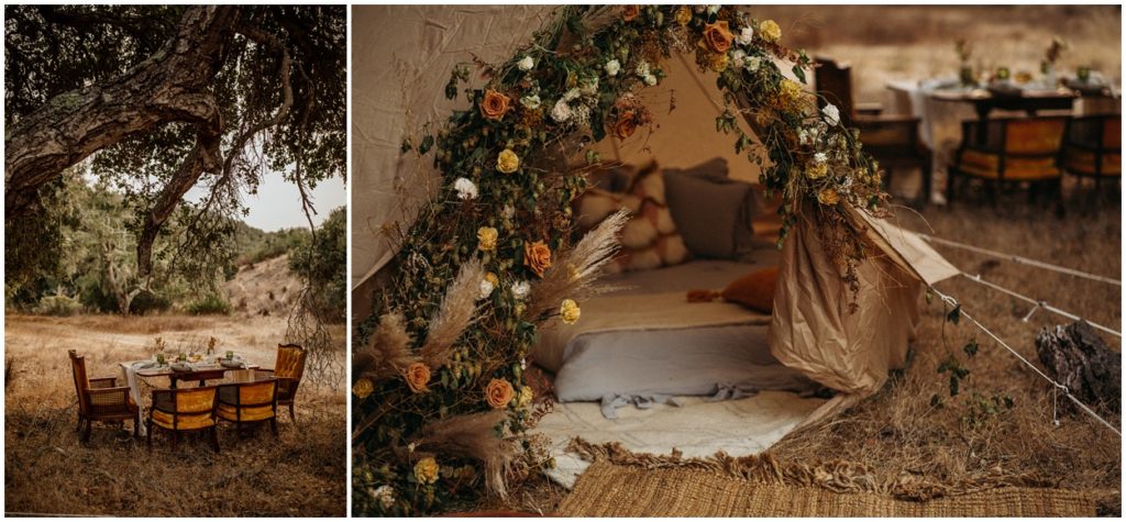 details of glamping tent and elopement table