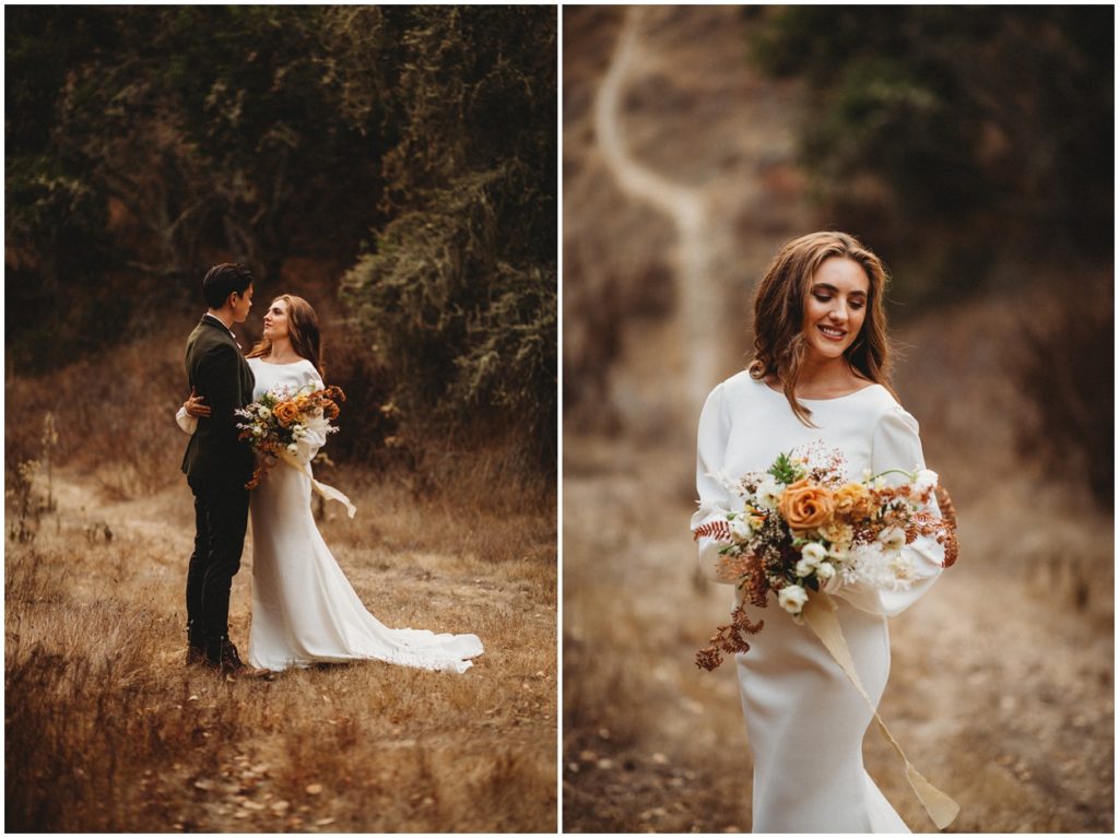 bride standing with bouquet and bride and groom posing together