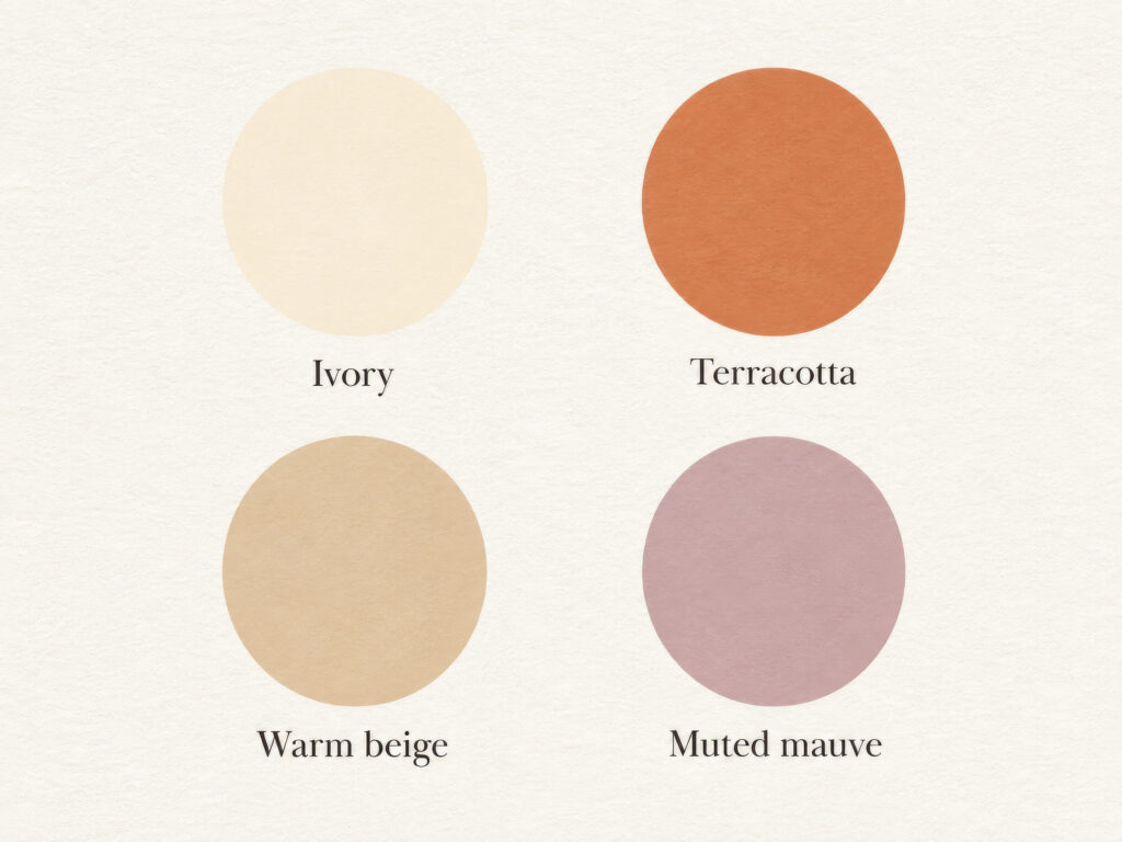 color palate of ivory, terracotta, warm beige and muted mauve