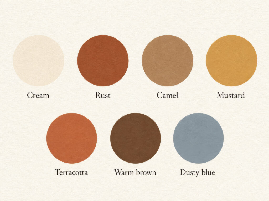tropical mountain color palate cream, rust, camel, mustard, terracotta, warm brown, dusty blue