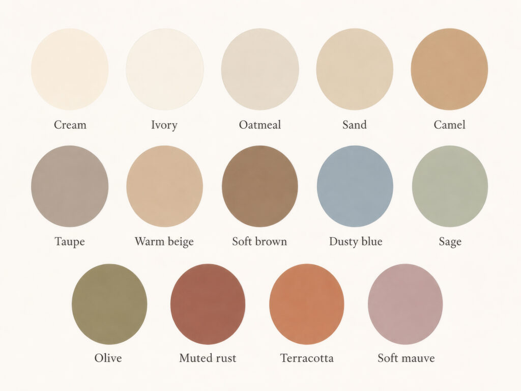 neutral color palate with earth tones cream, ivory, oatmeal, sand, sage, olive, taupe, soft mauve
