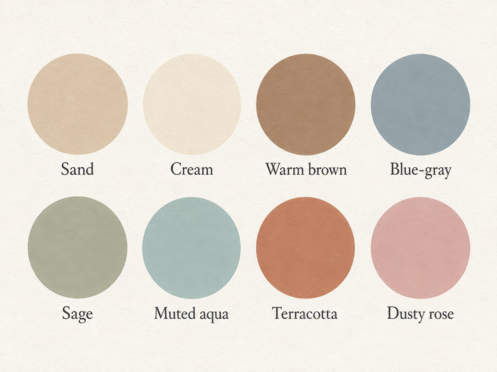 beach color palate sand, cream, warm brown, blue-gray, sage, muted aque, terracotta, dusty rose