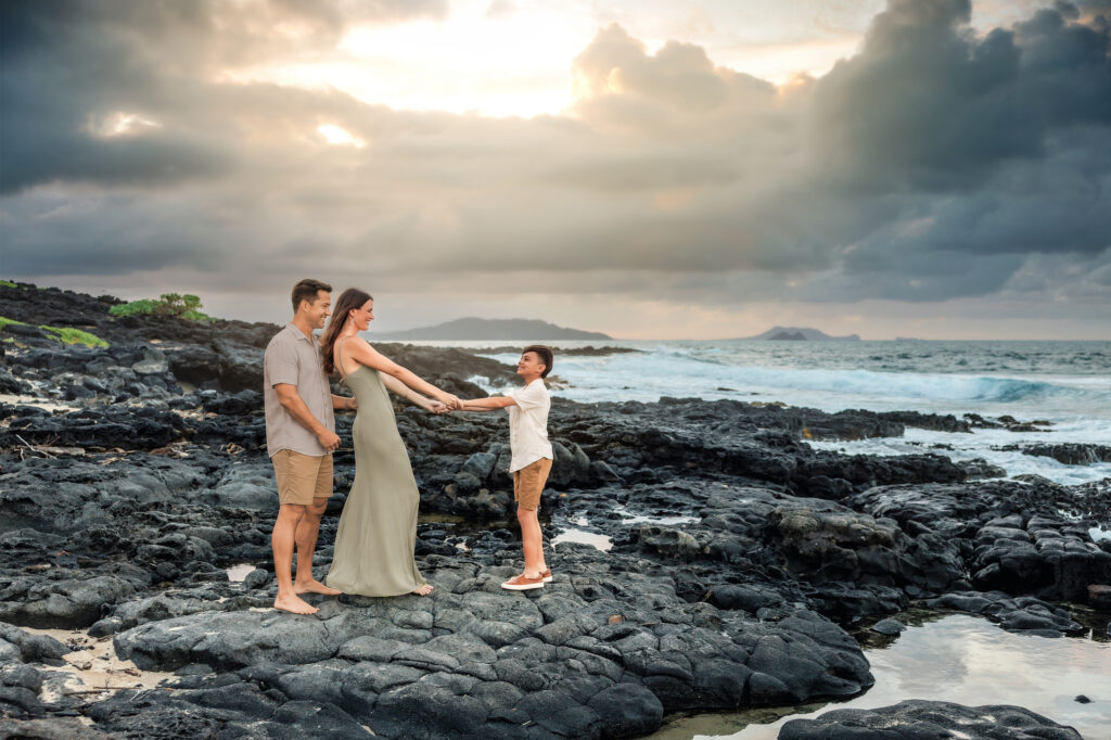 family beach photograph with taupe, sage, tan and green