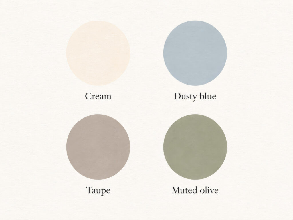 color palate of dusty blue, taupe, muted olive